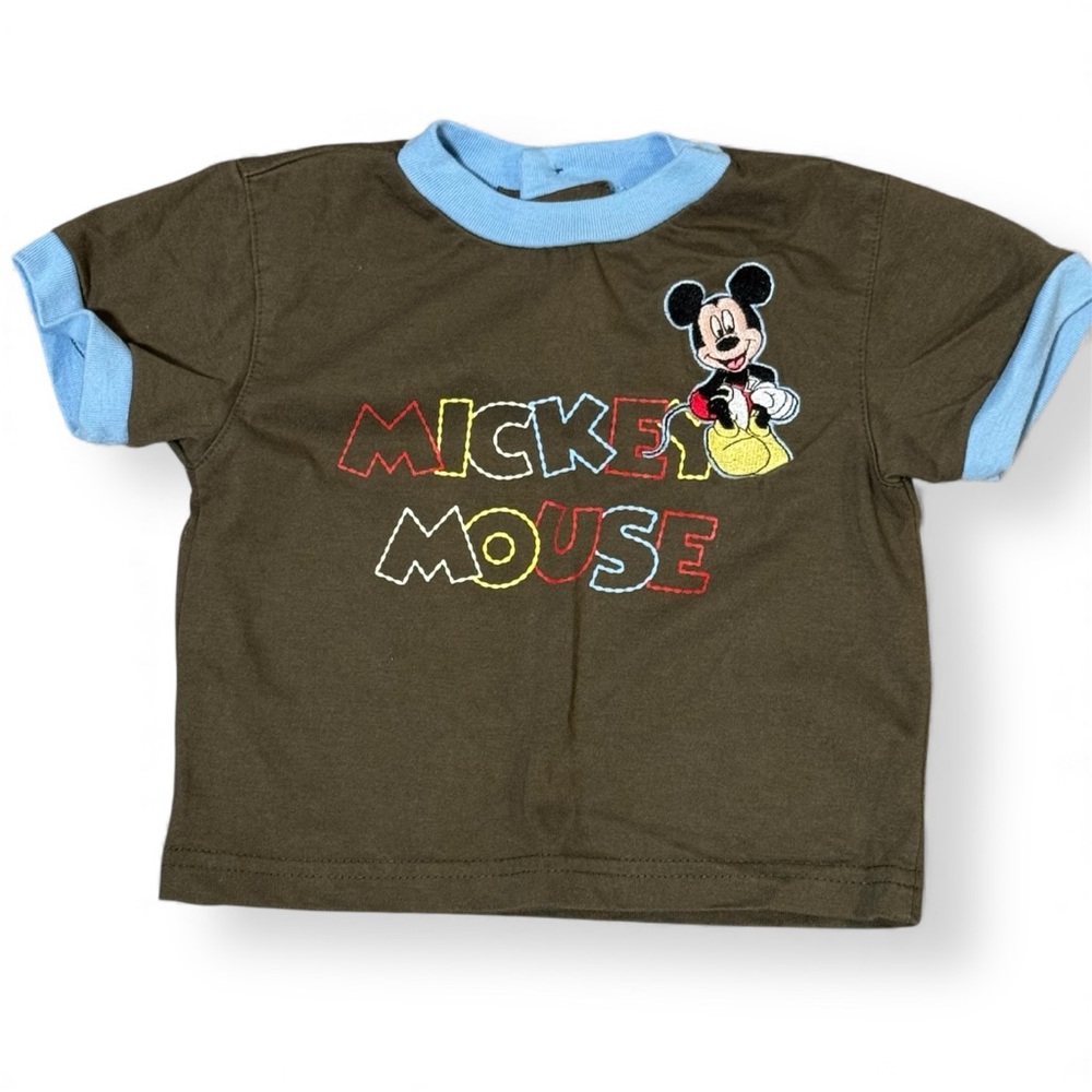 Vintage Mickey Mouse Ringer Tee Brown & Blue Disney Baby T-Shirt 18m embroidered